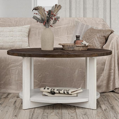 LONYKE Round Wood Coffee Table with Distressed Finish Top, Two-Tone Living Room Table with Lower Storage Shelf, Farmhouse Center Table, Large Circle, Brown and White