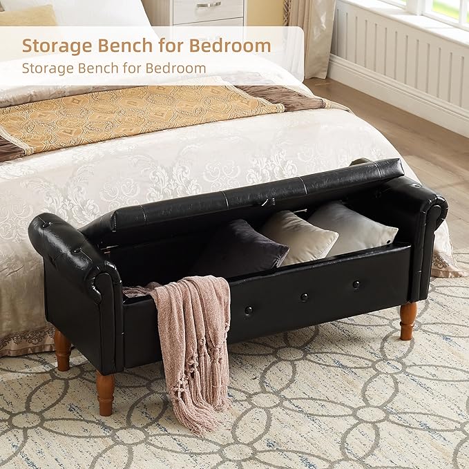 Storage Ottoman Bench, 50" Modern Upholstered End of Bed Bench, Faux Leather Rolled Armed Button-Tufted Ottoman with Storage for Living Room, Entryway, Window, Black