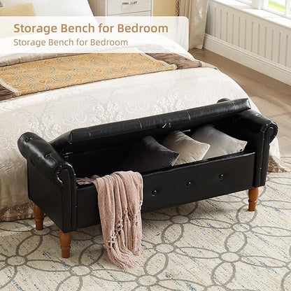 Storage Ottoman Bench, 50" Modern Upholstered End of Bed Bench, Faux Leather Rolled Armed Button-Tufted Ottoman with Storage for Living Room, Entryway, Window, Black