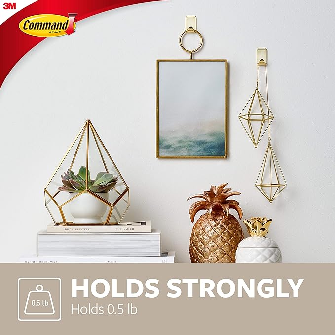 Command Small Metallic Wall Hooks, Total 16 Hooks with 20 Strips (8-Pack of 4 Hooks), Holds up to 0.5 lb, Brass Color, Removable Self Adhesive Hooks, Great for Wall Décor