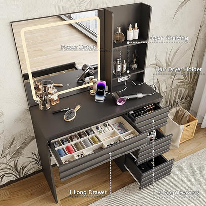 Fluted Vanity Desk with HD Mirror and Lights, Wood Makeup Vanity Table with 4 Drawers & Open Shelves, Mid Century Dressing Table Set with Charging Station, 3 Color Lighting Modes for Bedroom, Black