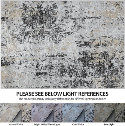 5x7 Area Rugs for Living Room Rug Washable: Abstract Rug for Dining Room Bedroom Carpet Non Slip 5 by 7 Indoor Modern Nursery Home Office Black Grey Gold