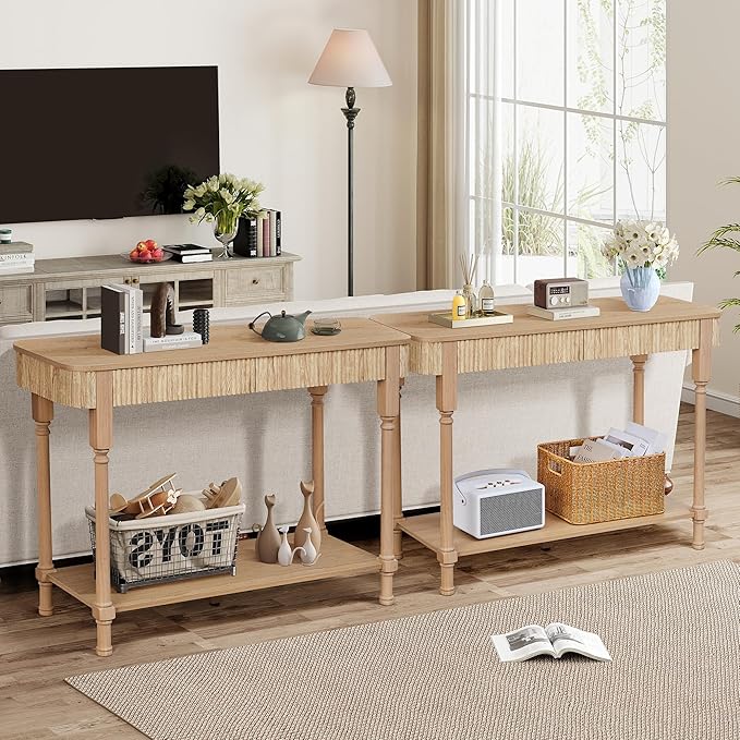 Fluted Console Table for Entryway, 43.3'' Narrow Entryway Tables with 2 Wooden Drawers, Retro Sofa Table Behind Couch Accent Tables for Foyer, Living Room, Hallway (Natural)