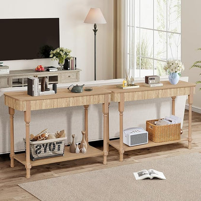 Fluted Console Table for Entryway, 43.3'' Narrow Entryway Tables with 2 Wooden Drawers, Retro Sofa Table Behind Couch Accent Tables for Foyer, Living Room, Hallway (Natural)
