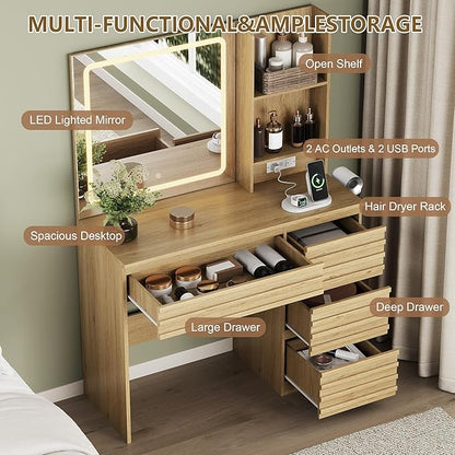 Makeup Vanity Desk with Lights, Fluted Vanity with 4 Drawers, Open Shelves, Power Outlet, LED Lighted Mirror, 3 Lighting Modes & Brightness Adjustable, Wood Dressing Table for Bedroom, Natural Oak
