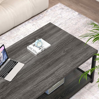 FOLUBAN Coffee Table with Storage, Modern Small Center Tables for Small Spaces, Rustic Wood and Metal Cocktail Table for Living Room, 39.3 Inch Dark Gray