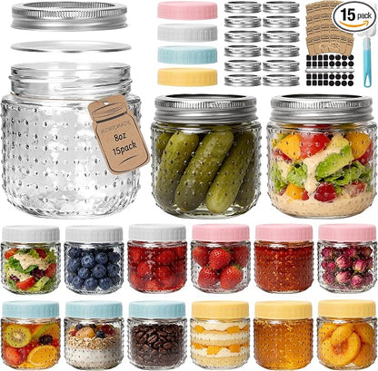 CycleMore 8 oz Mason Jars, 15 Pack Hobnail Design Canning Jars with Silver Metal & Colorful Plastic Lids, Glass Storage Jars for for Storing, Jam, Pickling, Crafts, Home Decor & DIY Gifts
