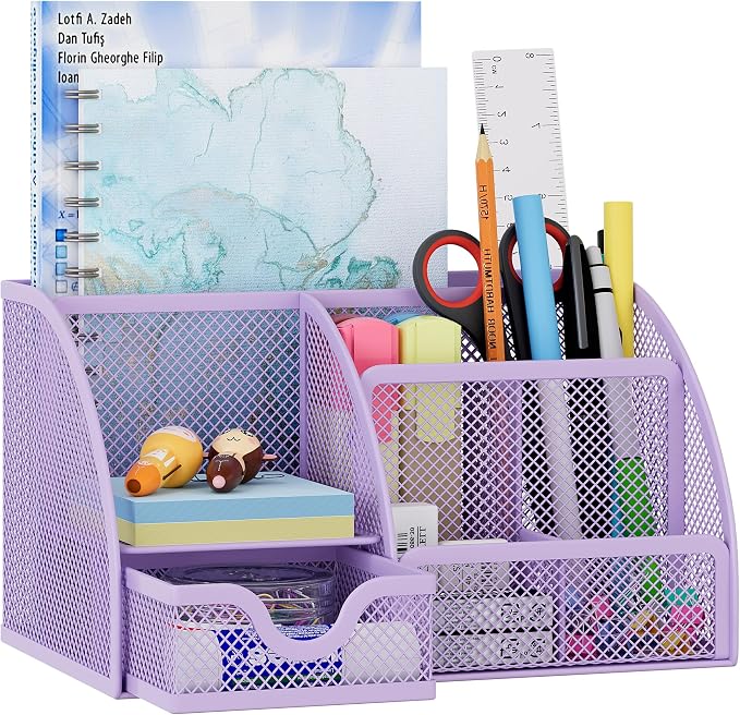 EasyPAG Mesh Desk Organizer with Drawer Multi-functional Pen Holder Stationery Organizer for Office School Supplies 6 Compartments Dorm Organizers and Storage for Desk, Light Purple