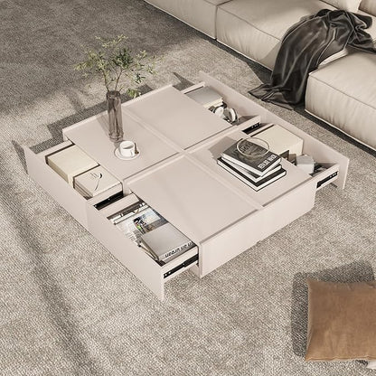 Coffee Table with Storage,Modern Center Table with 4 Hidden Drawers for Living Room,Rectangle Coffee Table for Home Furniture,Bedroom,Beige Gray