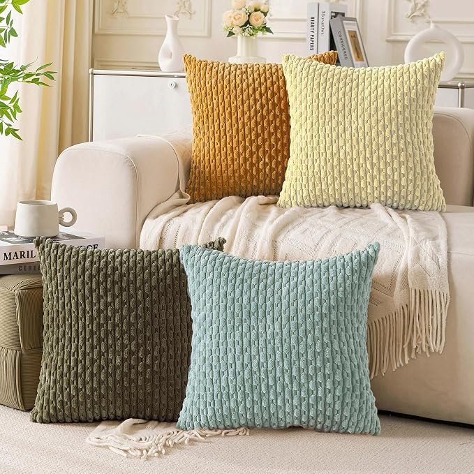 Set of 4 Pale Yellow Decorative Throw Pillow Covers 22x22 Inch Corduroy Pillow Covers for Bed Couch Sofa Living Room Soft Square Cushion Cases
