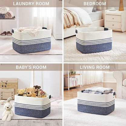 72L Large Laundry Basket with Leather Handles for Living Room Storage, Woven Rope Baskets Bin for Blanket, Kids Toy, Gifts, Wicker Hamper for Bedroom Dirty Clothes, 22"x17"x12" Denim Blue
