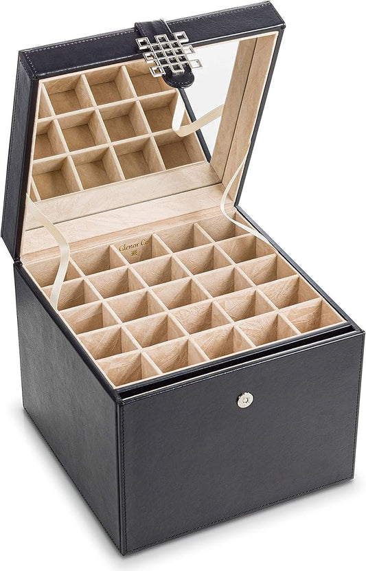 Glenor Co Earring Organizer Holder - 75 Small & 4 Large Slots Classic Jewelry Box with Drawer & Modern Closure, Mirror, 4 Trays Earrings, Ring or Chain Storage - PU Leather Case - Black