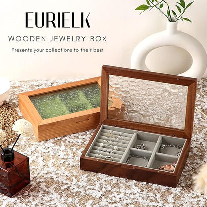 Wooden Jewelry Box for Women, Medium Size Natural Solid Walnut Wood Vintage Trinket Organizer with Large Storage, Ring Compartments, Built in Necklace Hooks, Glass Lid, ek06-m-walnut