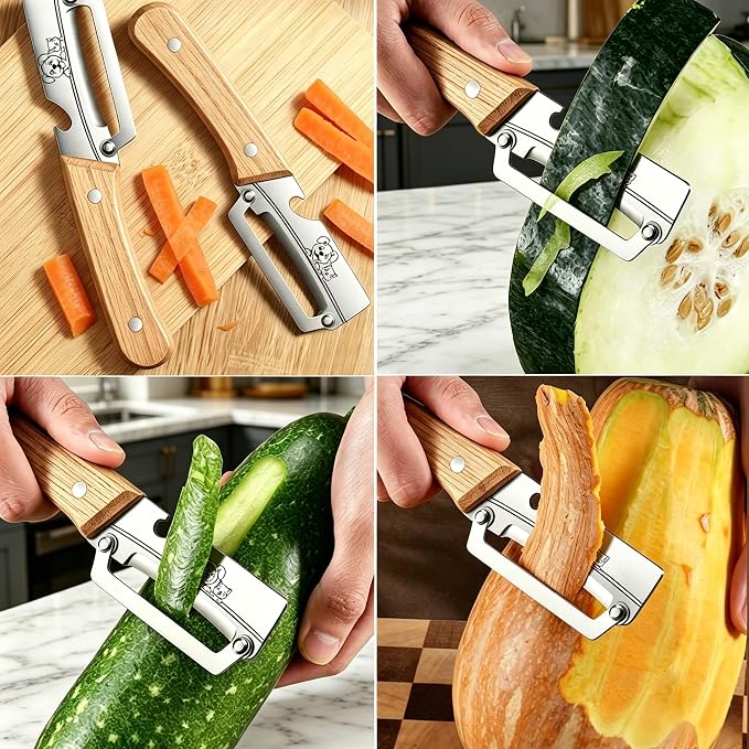 TEEVEA Vegetable Peeler, Stainless Steel Blade Wooden Handle | Multifunctional 2-in-1 kitchen tool, zero flex zero snag, with bottle opener for fruit potato apple veggie