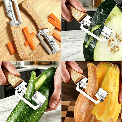 TEEVEA Vegetable Peeler, Stainless Steel Blade Wooden Handle | Multifunctional 2-in-1 kitchen tool, zero flex zero snag, with bottle opener for fruit potato apple veggie