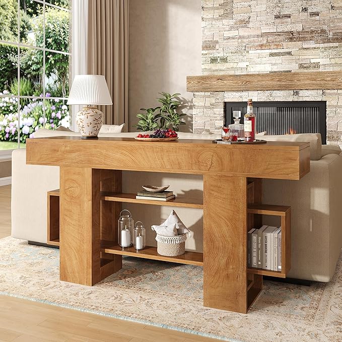 Feonase 63 Inches Long Console Table for Entryway, Wooden Sofa Table Behind Couch with 3-Tier Storage, Farmhouse Narrow Entry Hallway Table for Living Room Foyer Entrance, Natural