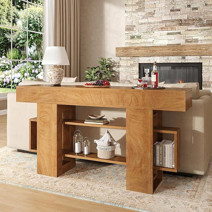 Feonase 63 Inches Long Console Table for Entryway, Wooden Sofa Table Behind Couch with 3-Tier Storage, Farmhouse Narrow Entry Hallway Table for Living Room Foyer Entrance, Natural