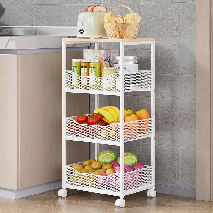 HapiRm Fruit Basket Kitchen Cart - 4-Tier Rolling Storage Cart with Wheels, Wood Top Utility Pantry Cart for Vegetables, Potatoes, Onions, Bread, Snacks