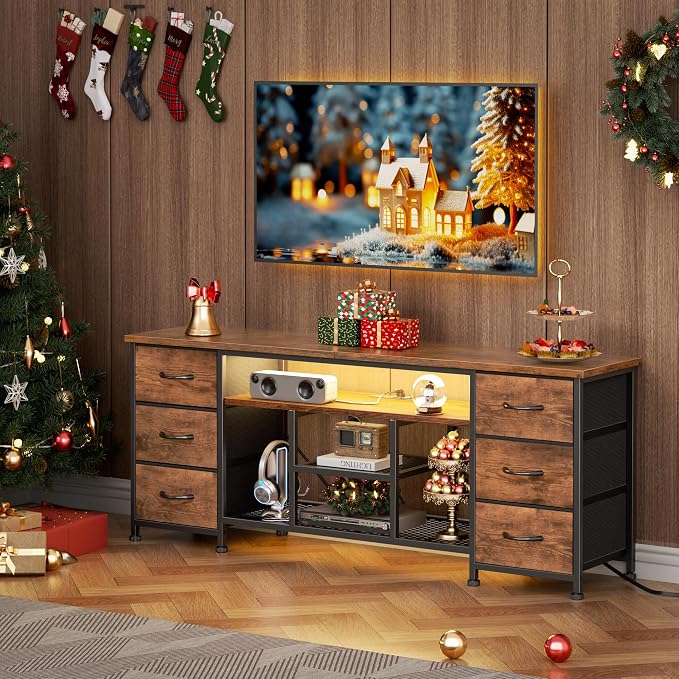 Furologee LED TV Stand for 55, 60 Inch TV, 55 Inch Entertainment Center with Power Outlets, 6 Drawers for Media Console with Open Shelves, Rustic Brown