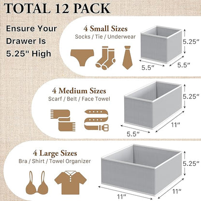 Simple Houseware Foldable Drawer Organizer for Clothes/Underwear/Panty/Onesie Stocking Bin, Set of 12, Gray