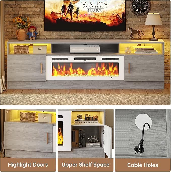 MXV 70" Fireplace TV Stand with Power Outlet for TVs UP to 80", Electric Fireplace Entertainment Center with LED Lights & Storage Cabinets, TV Console for Living Room, Office, Grey-White