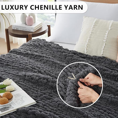 L'AGRATY Chunky Knit Blanket Throw - Soft Chunky Throw Blanket 50x60: 100% Hand Kintted Chenile Crochet Throw Blankets for Couch - Large Cable Knit Blankets for Home Decor(Dark Grey)