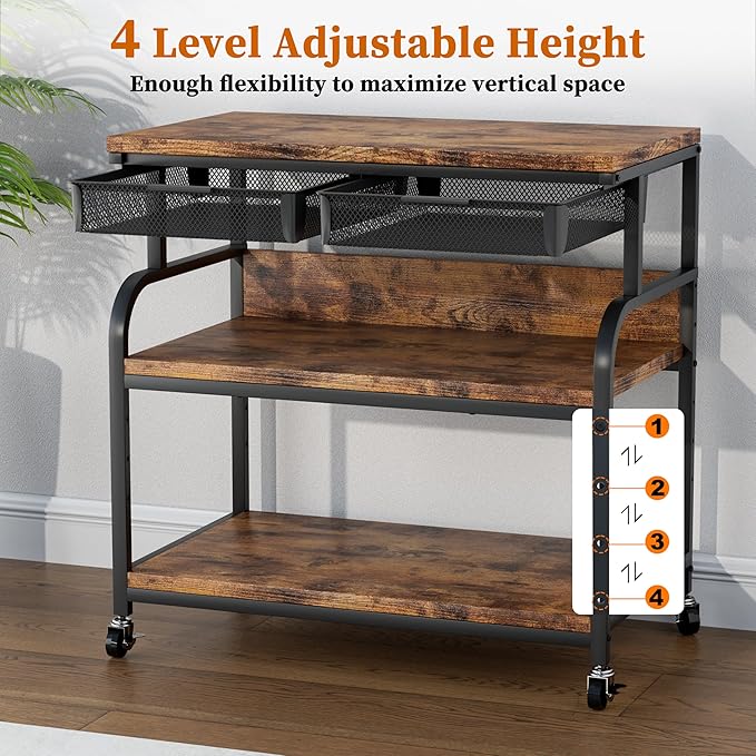 EasyCom 32.3"x18.9" Extra Large Printer Stand with Double Drawers, 5-Adjustable Heights 3 Tier Table with Wheels, Rolling Printer Cart with Storage for Printer Scanner Fax Home Office Use