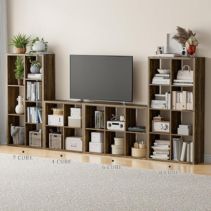 Cube Storage Organizer Bookcase, Decorative 11 inch Open Back Cubical Shelf with Thickened Border, Display Bookshelf for Living Room, Home Office, Sturdy Room (Brown, 8 Cube)