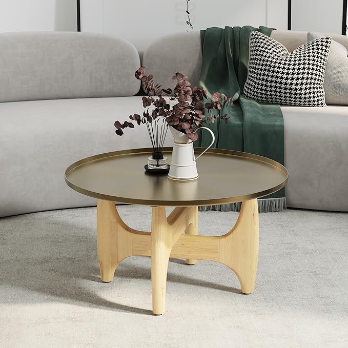 ACEDÉCOR Living Room Table Set of 3, Solid Wood Coffee Table Set with Tray Top and X-Base, Luxurious Brushed Gold Coffee Table Set with 2 End Tables for Living Room Apartment