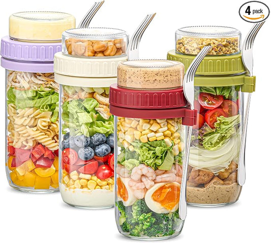 Danmu 24 oz Glass Meal Prep Containers 4-Pack with Lid & Dressing Cup - Leak Proof Salad Jars & Overnight Oats Containers with Lids Stainless Steel Fork Included for On the Go Lunch, Work, Fitness