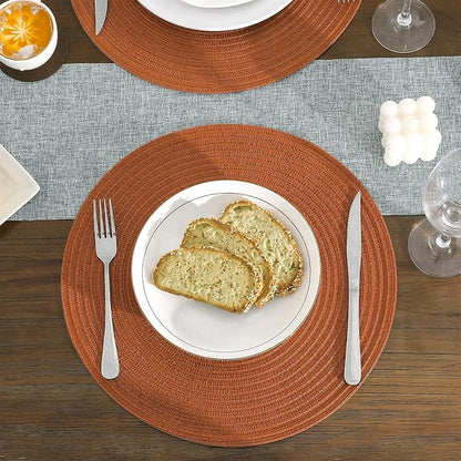 SHACOS Round Placemats Set of 8 Washable 15 inch Round Placemat Cotton Polyester Woven Braided Table Place Mats for Dining Table Wedding Party Decor, Dark Orange