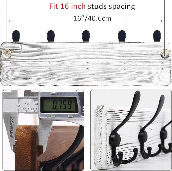 WEBI Coat Rack Wall Mount,Coat Hooks Wall Mounted,16" Hole to Hole,Coat Hanger Wall,Wood Hook Rack Rail,5 Triple Hooks for Hanging Coats,Jacket,Clothes,Farmhouse,Black/White