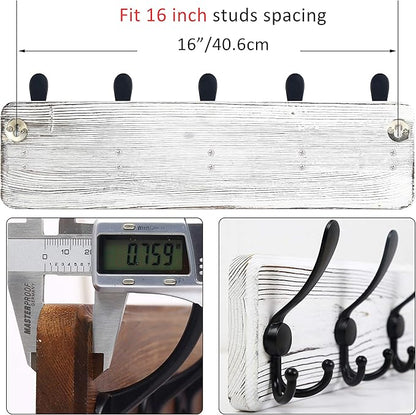 WEBI Coat Rack Wall Mount,Coat Hooks Wall Mounted,16" Hole to Hole,Coat Hanger Wall,Wood Hook Rack Rail,5 Triple Hooks for Hanging Coats,Jacket,Clothes,Farmhouse,Black/White