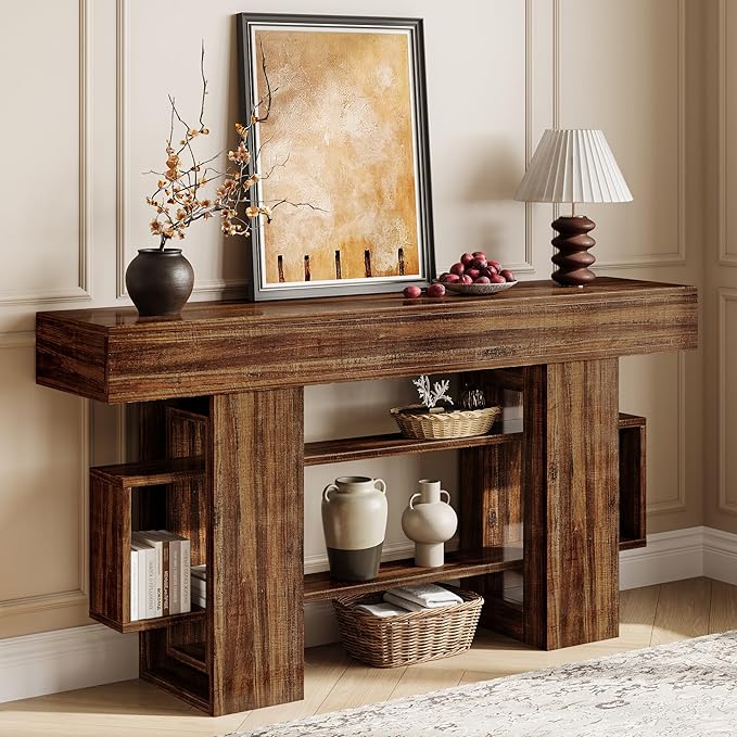 63 Inch Long Console Table for Entryway, Farmhouse Wooden Sofa Table Behind Couch with 3-Tier Storage Shelf, Narrow Entry Accent Table for Living Room, Hallway, Foyer, Vintage Brown