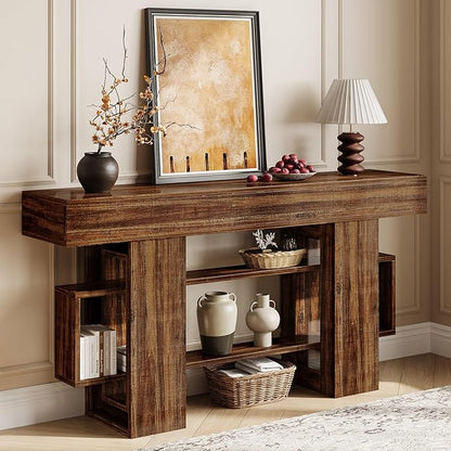 63 Inch Long Console Table for Entryway, Farmhouse Wooden Sofa Table Behind Couch with 3-Tier Storage Shelf, Narrow Entry Accent Table for Living Room, Hallway, Foyer, Vintage Brown