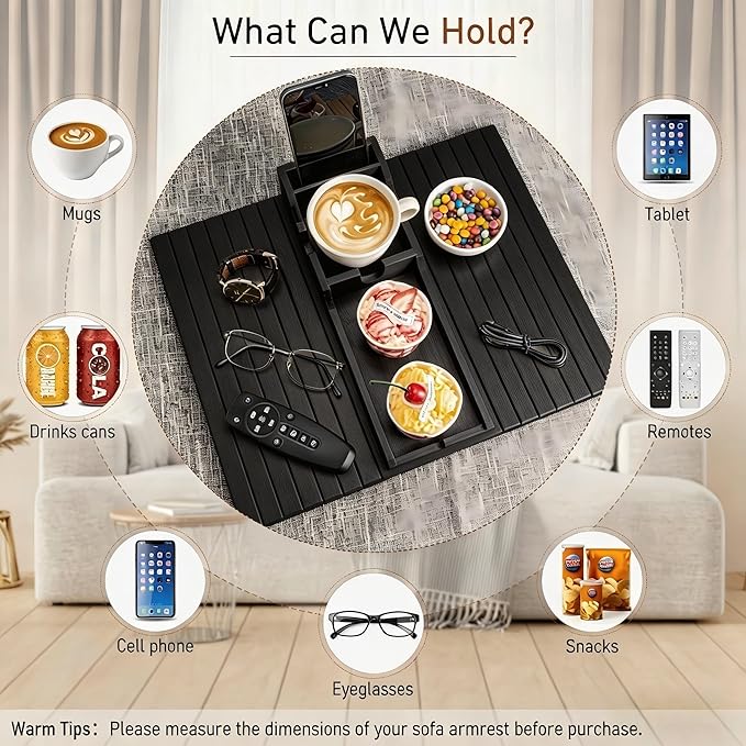 Yoshiky Black Bamboo Couch Armrest Table, Couch Arm Tray with Removable Couch Cup Holder, 2 in 1 Design Foldable Anti-Slip Bamboo Couch Tray and Sofa Cup Holder for Drink
