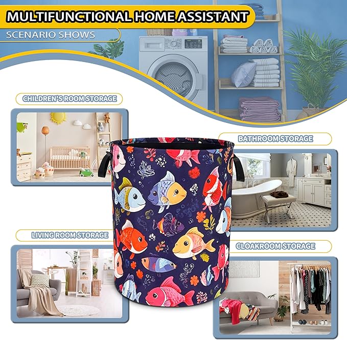 NUTAINLA Fish Laundry Basket Funny Cartoon Foldable Oxford Cloth Tote Bag Laundry Hamper Clothes Storage Bucket Toy Organizer For Bathroom/Laundry Storage/Bedroom 18.9x16.5 Inch