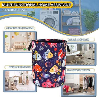 NUTAINLA Fish Laundry Basket Funny Cartoon Foldable Oxford Cloth Tote Bag Laundry Hamper Clothes Storage Bucket Toy Organizer For Bathroom/Laundry Storage/Bedroom 18.9x16.5 Inch