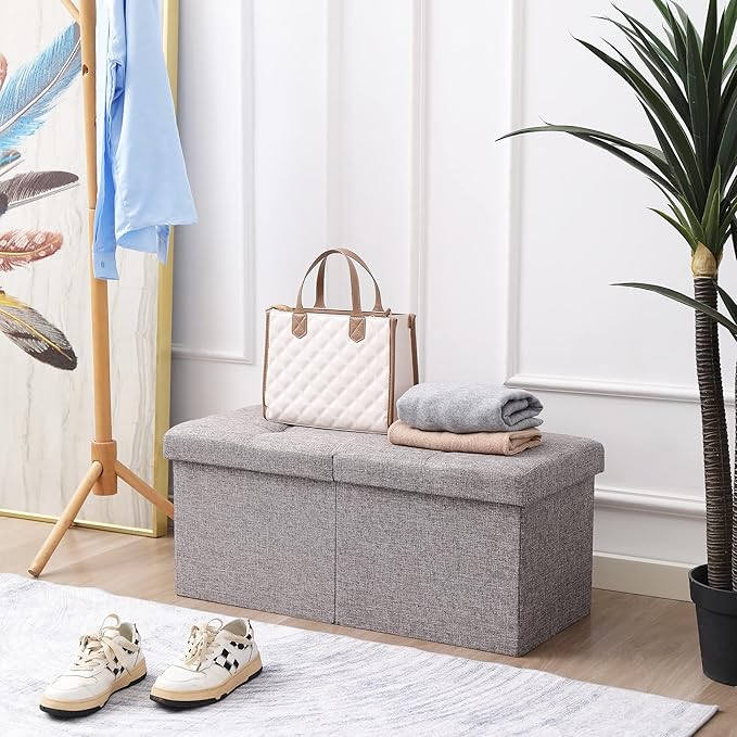 CUYOCA Storage Ottoman Bench Foldable Seat Footrest End of Bed Ottoman with Flipping Lid for Living Room, 75L, 30 inches Linen Fabric Grey
