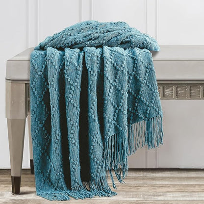 BOURINA Teal Throw Blanket 50 x70 Inches Jacquard Argyle Throw Textured Solid Soft Throws and Blankets for Sofa or Bed Knitted Decorative Blanket