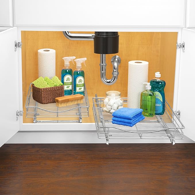 LYNK PROFESSIONAL® Pull Out Cabinet Organizer, 11" x 18" Slide Out Cabinet Organizer Pull Out Drawer – Pull Out Shelves for Kitchen Cabinets – Under Sink Organizers - Lifetime Ltd. Warranty, Chrome