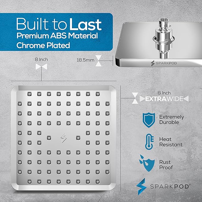 SparkPod Rain Shower Head, 8 Inch Square | High Pressure Shower Heads, 90 Nozzle (Touch-to-Clean), Adjustable Showerhead, No-tool Universal Connection