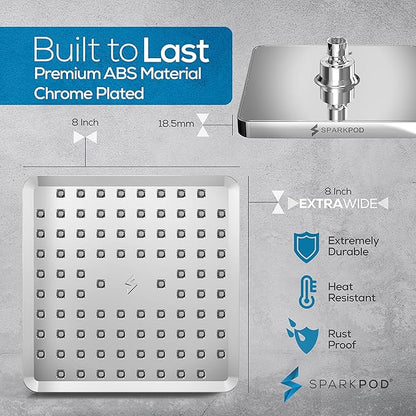 SparkPod Rain Shower Head, 8 Inch Square | High Pressure Shower Heads, 90 Nozzle (Touch-to-Clean), Adjustable Showerhead, No-tool Universal Connection