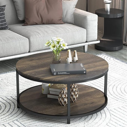 NSdirect 36 inches Round Coffee Table, Rustic Wooden Surface Top & Sturdy Metal Legs Industrial Sofa Table for Living Room Modern Design Home Furniture with Storage Open Shelf(Rustic Brown)