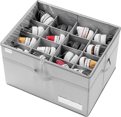 LUVHOMEE Shoe Organizer for Closet, Fits 16 Pairs, Large Shoe Box Storage Containers, Clear Foldable Shoe Storage Bins w/Bottom Support, Space Saving Shoes Holder w/Reinforced Handles, Gray