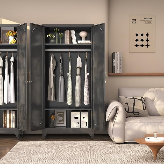 SteeLoong 71" Metal Armoire Wardrobe Closet with Doors,Tall Clothing Storage Cabinet with Adjustable Shelves and Hanging Rod,Black Wardrobe Closet for Bedroom,Home,Office,Gym