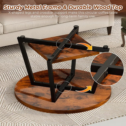 Round Coffee Table for Living Room, 27.6“ Circle Coffee Table, 2-Tier Industrial Coffee Tables with Storage, Wood Coffee Table, Modern Accent Table for Apartment, Office, Small Space, Rustic Brown