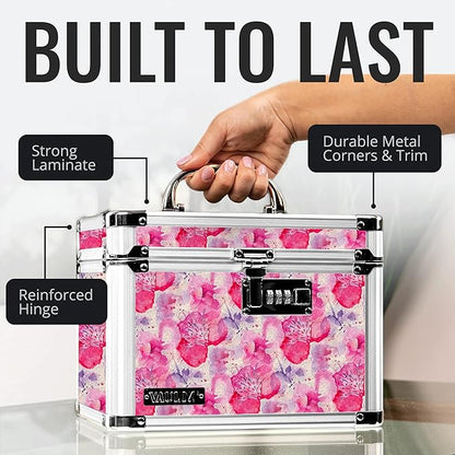 Vaultz Combination Lock Box - Secure Safe for Documents, Valuables, Medicine & Money - 10 x 7.25 x 7.75 Inch - Floral, Pink & Gray