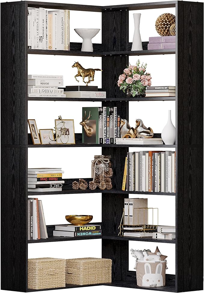 IRONCK Bookshelves 6 Tiers with Baffles Industrial Large Corner Etagere Bookcase Storage Display Rack for Living Room Home Office