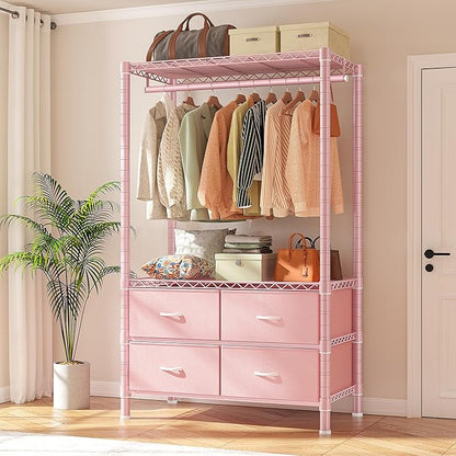 Raybee Clothes Rack, Clothing Rack for Hanging Clothes with 4 Drawers Load 420LBS Heavy Duty Garment Rack with Drawers, Pink